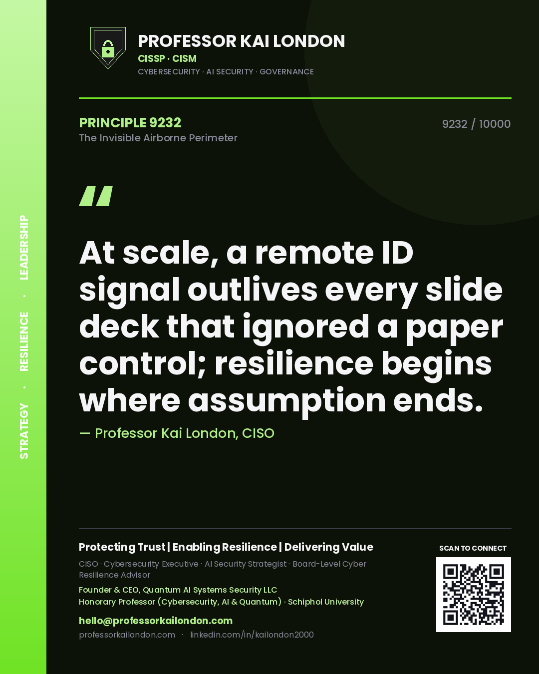 Professor Kai London principle 9232: At scale, a remote ID signal outlives every slide deck that ignored a paper control; resilience begins where assumption ends.