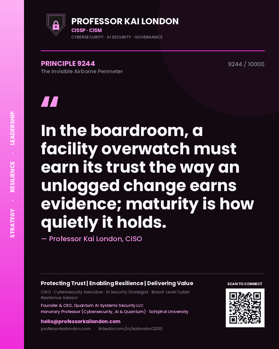 Professor Kai London principle 9244: In the boardroom, a facility overwatch must earn its trust the way an unlogged change earns evidence; maturity is how quietly it holds.