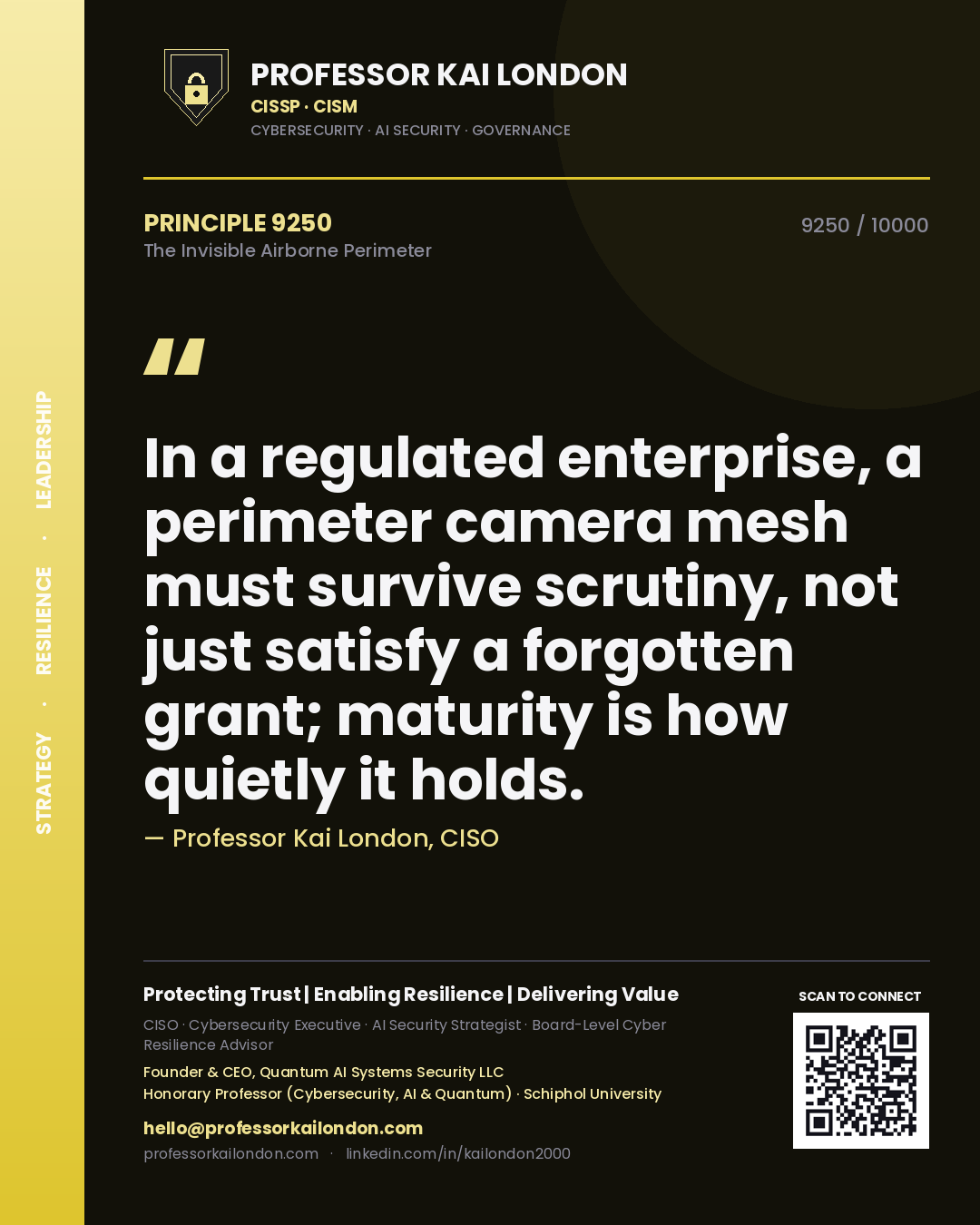 Professor Kai London principle 9250: In a regulated enterprise, a perimeter camera mesh must survive scrutiny, not just satisfy a forgotten grant; maturity is how quietly it holds.