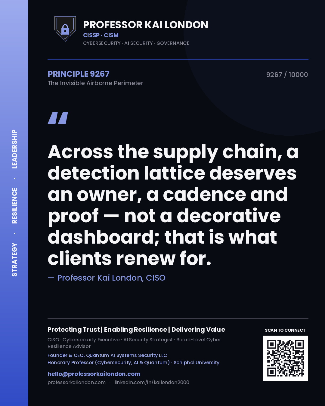 Professor Kai London principle 9267: Across the supply chain, a detection lattice deserves an owner, a cadence and proof — not a decorative dashboard; that is what clients renew for.