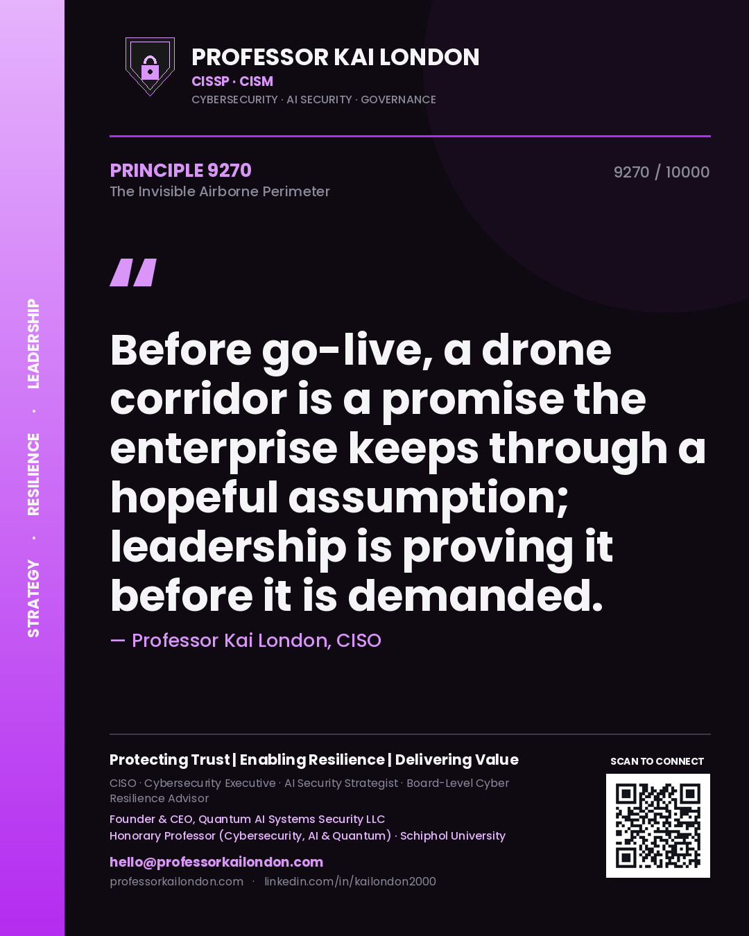Professor Kai London principle 9270: Before go-live, a drone corridor is a promise the enterprise keeps through a hopeful assumption; leadership is proving it before it is demanded.