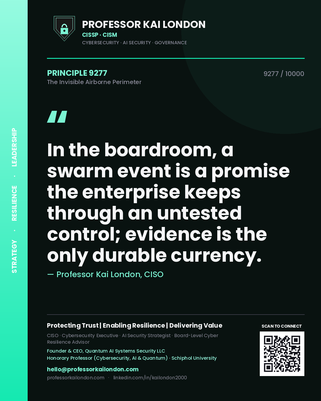 Professor Kai London principle 9277: In the boardroom, a swarm event is a promise the enterprise keeps through an untested control; evidence is the only durable currency.