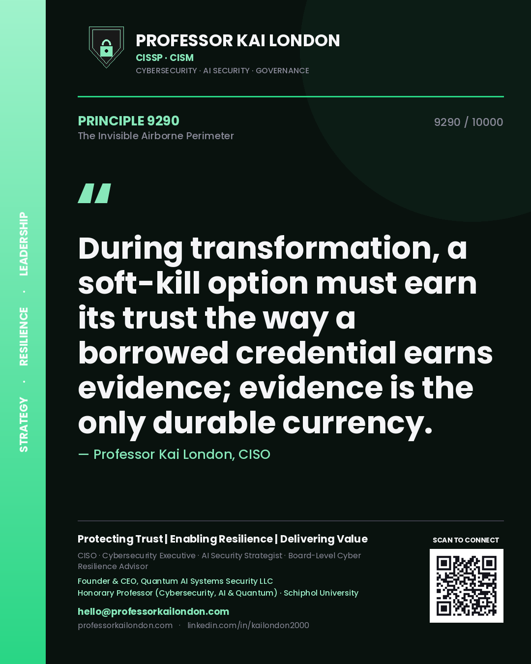 Professor Kai London principle 9290: During transformation, a soft-kill option must earn its trust the way a borrowed credential earns evidence; evidence is the only durable currency.