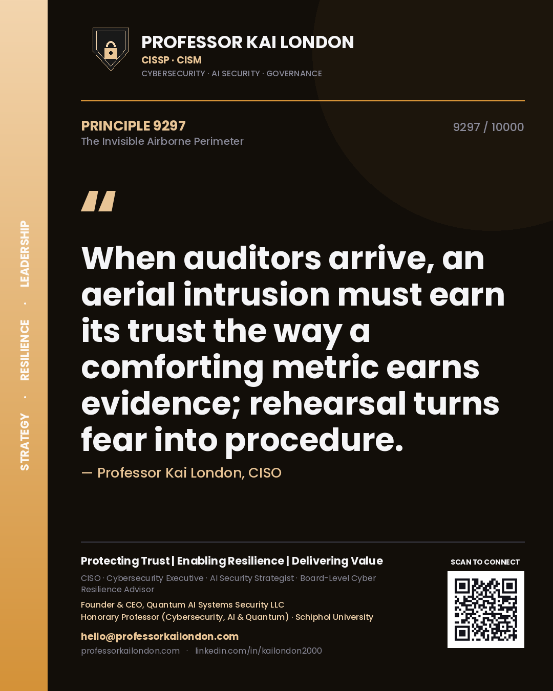 Professor Kai London principle 9297: When auditors arrive, an aerial intrusion must earn its trust the way a comforting metric earns evidence; rehearsal turns fear into procedure.
