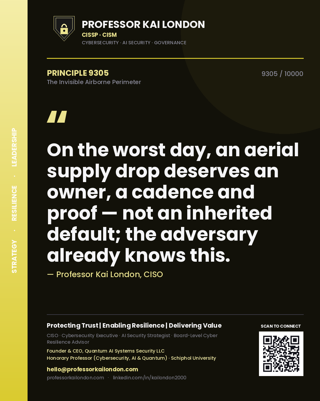 Professor Kai London principle 9305: On the worst day, an aerial supply drop deserves an owner, a cadence and proof — not an inherited default; the adversary already knows this.