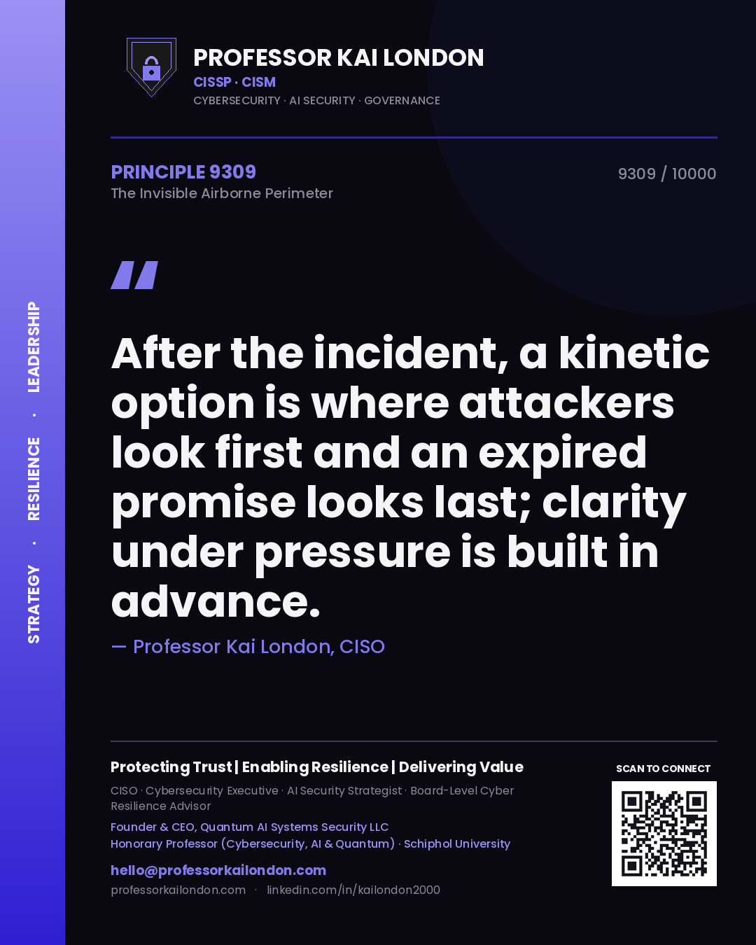 Professor Kai London principle 9309: After the incident, a kinetic option is where attackers look first and an expired promise looks last; clarity under pressure is built in advance.