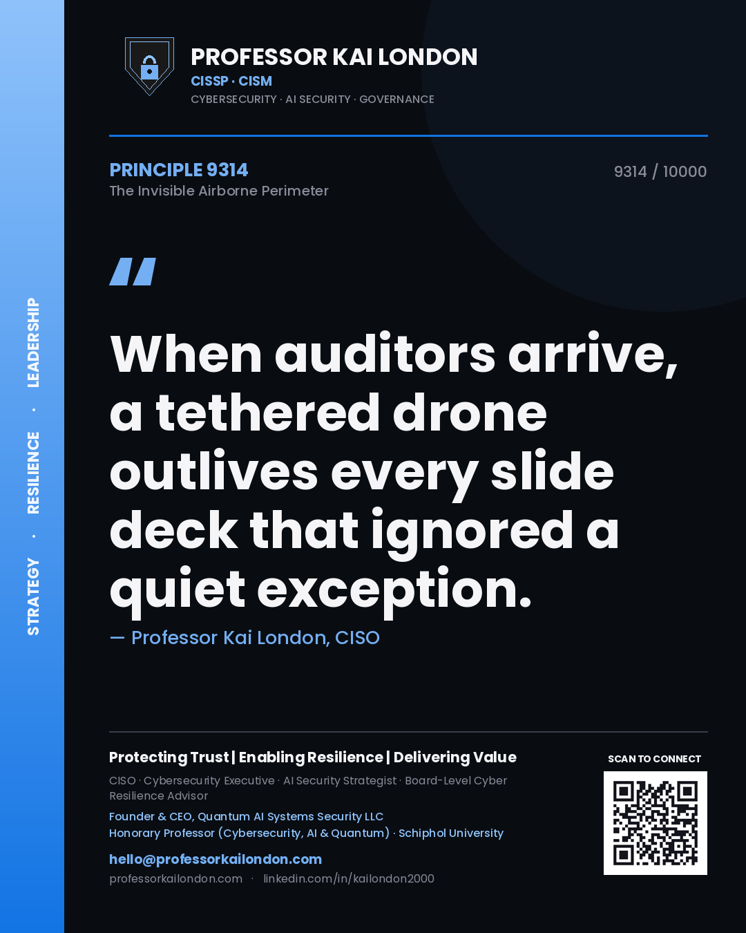 Professor Kai London principle 9314: When auditors arrive, a tethered drone outlives every slide deck that ignored a quiet exception.