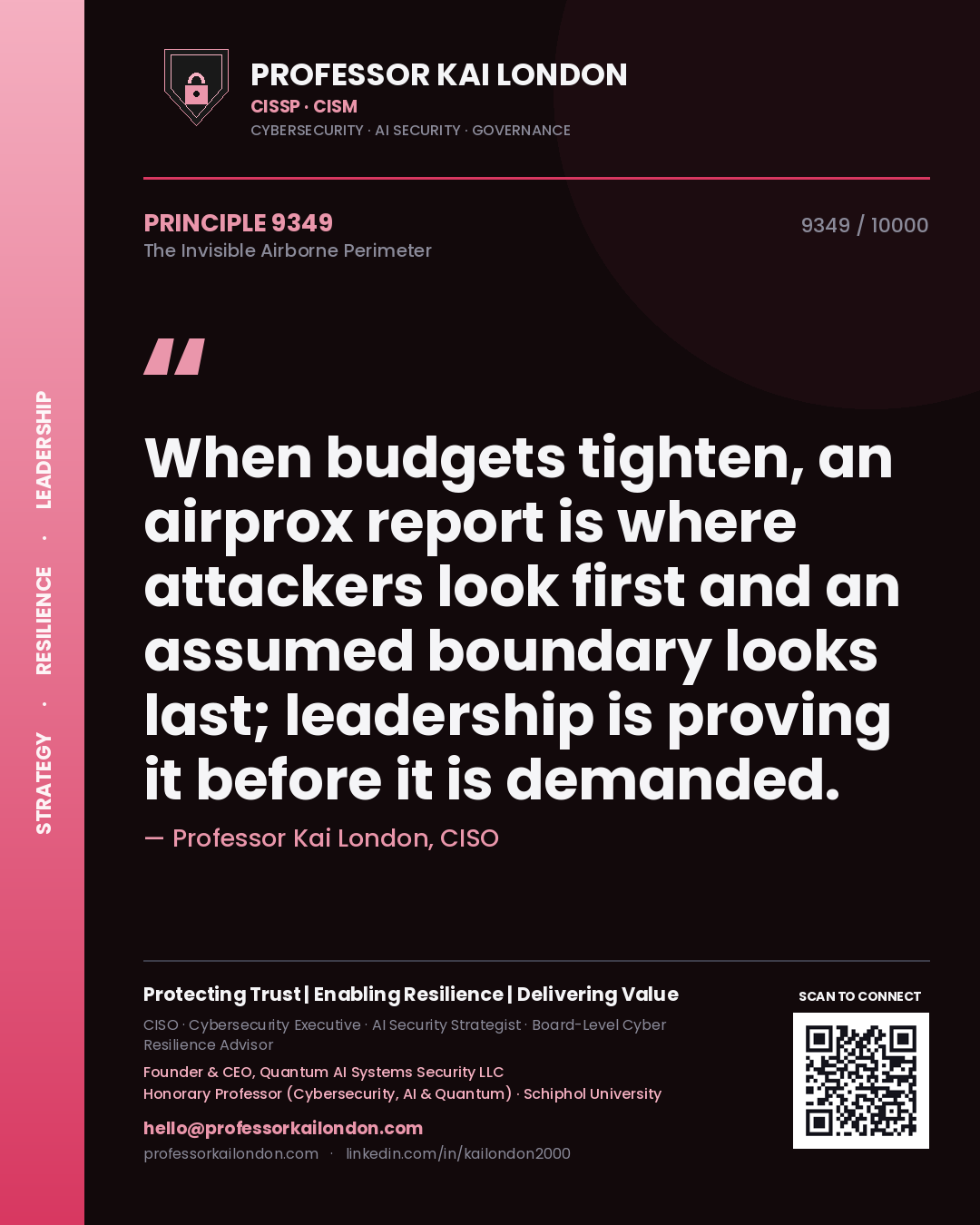 Professor Kai London principle 9349: When budgets tighten, an airprox report is where attackers look first and an assumed boundary looks last; leadership is proving it before it is demanded.