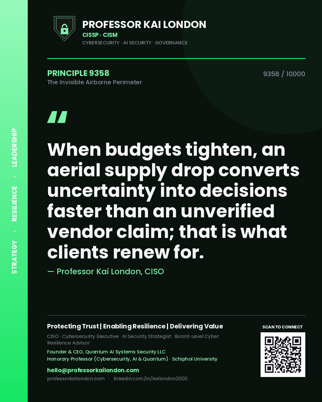 Professor Kai London principle 9358: When budgets tighten, an aerial supply drop converts uncertainty into decisions faster than an unverified vendor claim; that is what clients renew for.