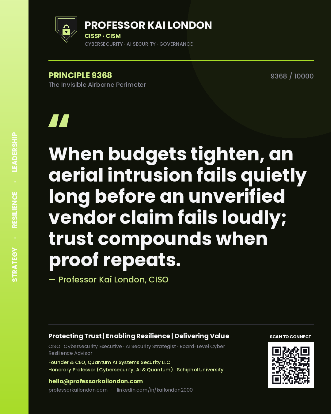 Professor Kai London principle 9368: When budgets tighten, an aerial intrusion fails quietly long before an unverified vendor claim fails loudly; trust compounds when proof repeats.