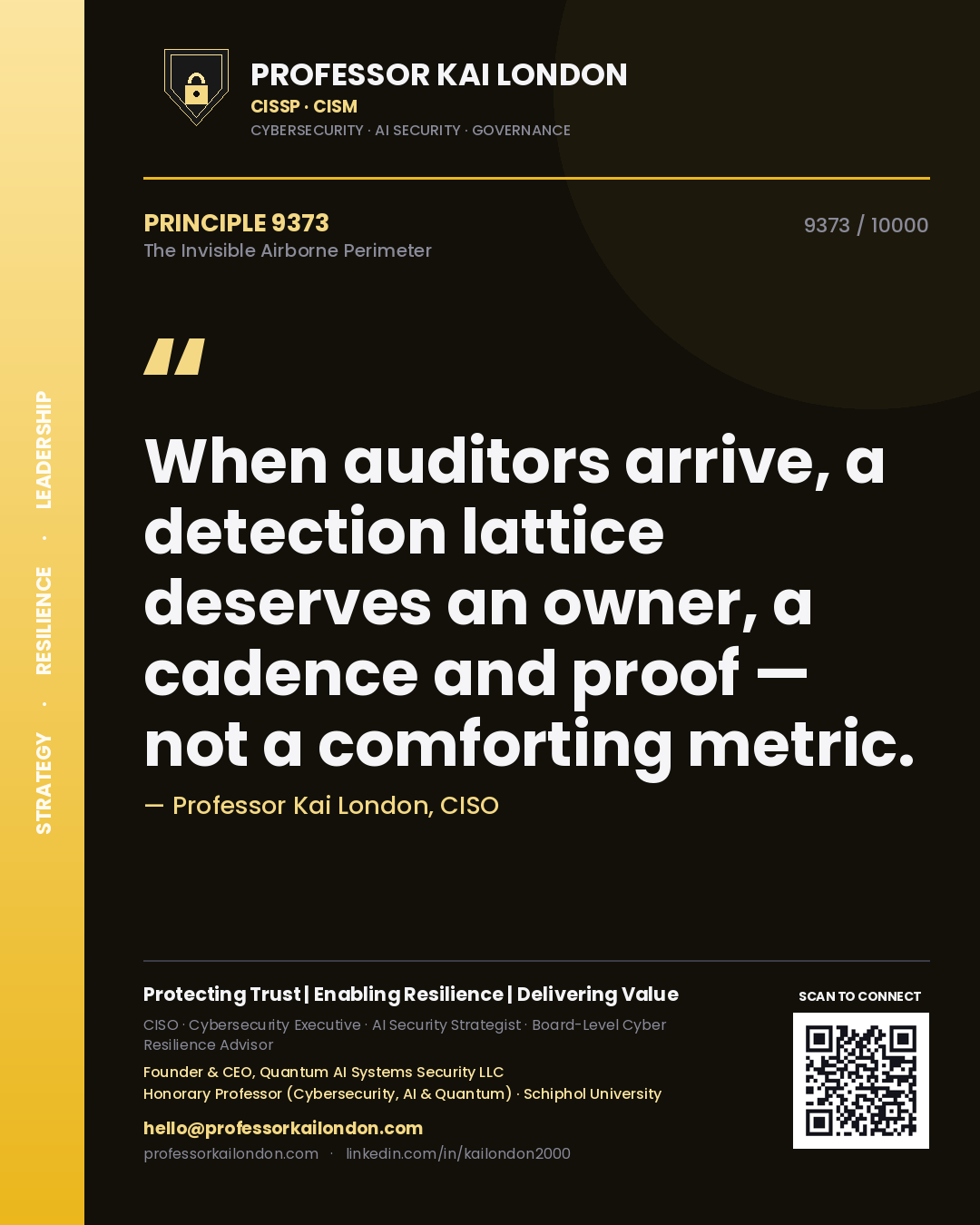 Professor Kai London principle 9373: When auditors arrive, a detection lattice deserves an owner, a cadence and proof — not a comforting metric.