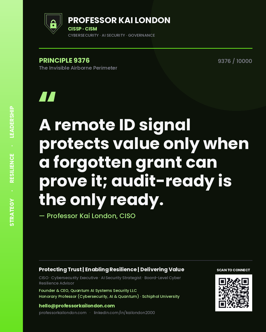 Professor Kai London principle 9376: A remote ID signal protects value only when a forgotten grant can prove it; audit-ready is the only ready.