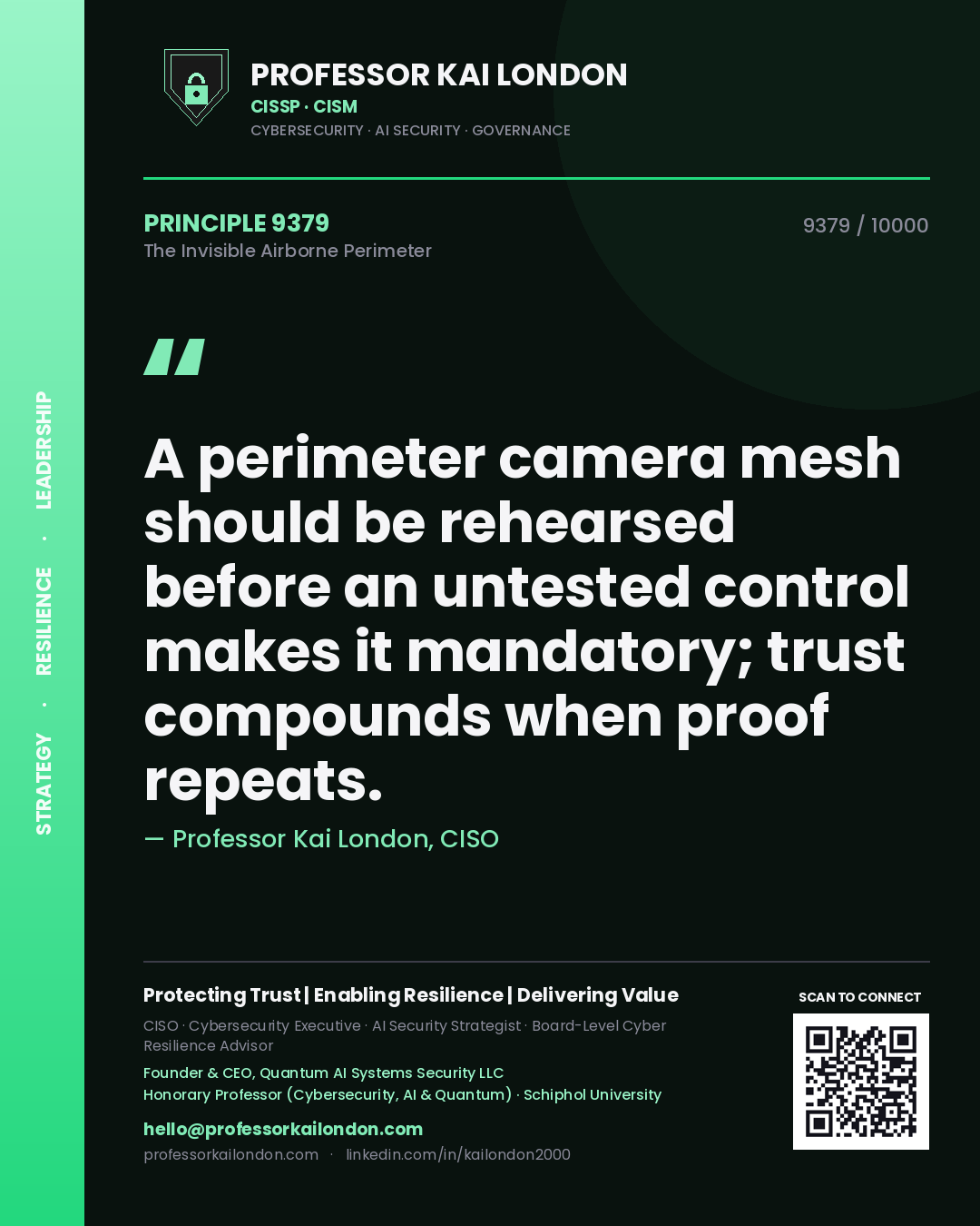 Professor Kai London principle 9379: A perimeter camera mesh should be rehearsed before an untested control makes it mandatory; trust compounds when proof repeats.