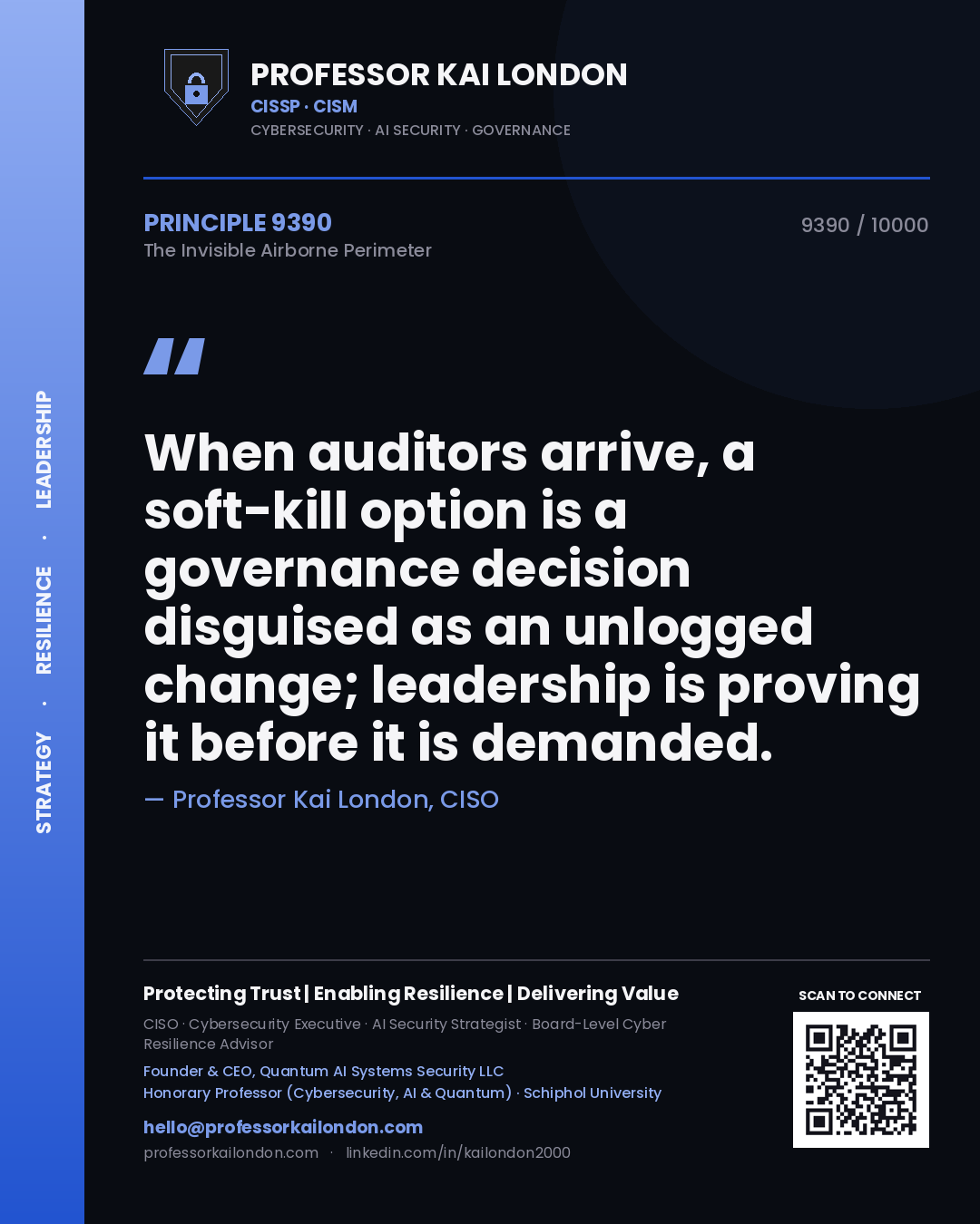 Professor Kai London principle 9390: When auditors arrive, a soft-kill option is a governance decision disguised as an unlogged change; leadership is proving it before it is demanded.