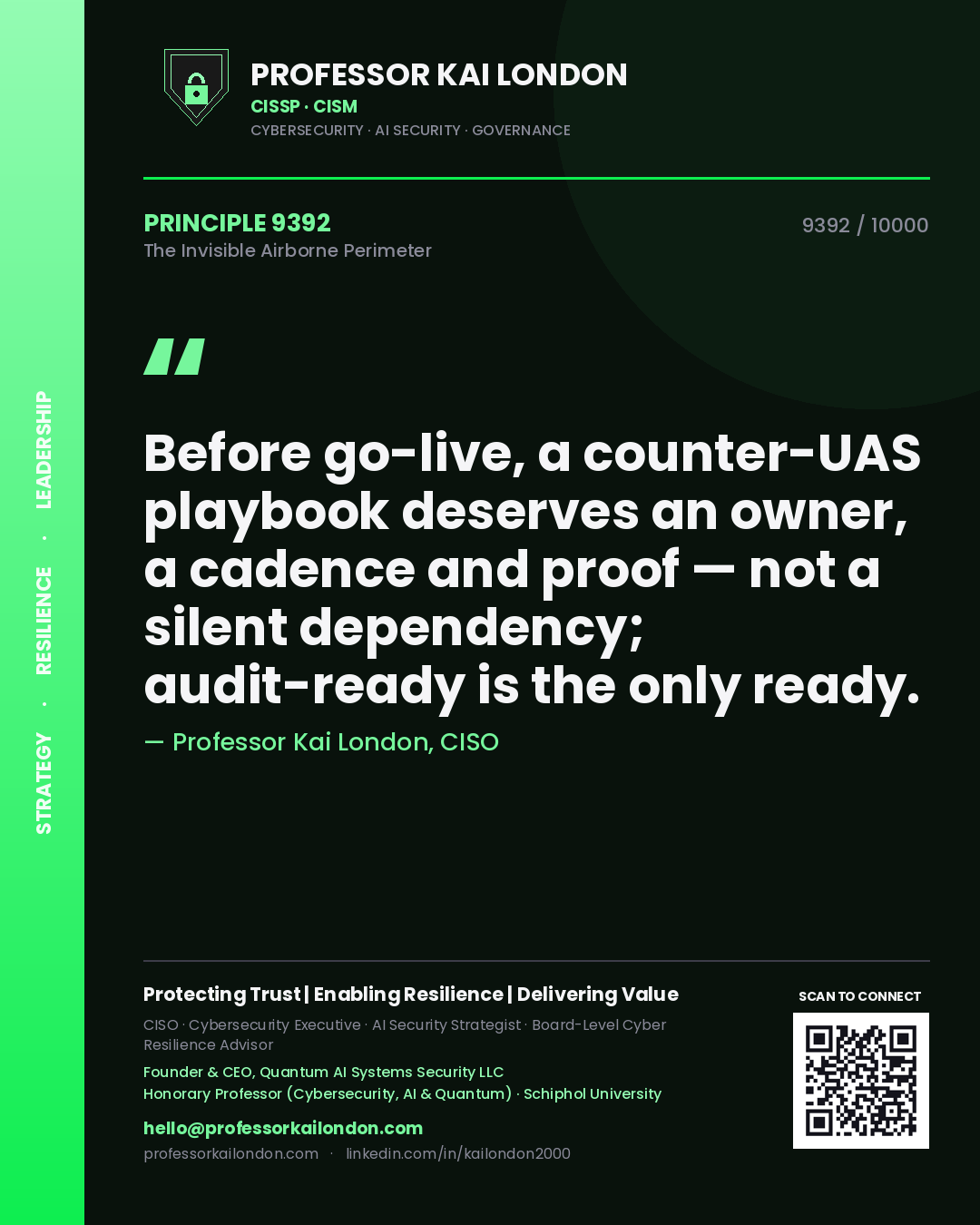 Professor Kai London principle 9392: Before go-live, a counter-UAS playbook deserves an owner, a cadence and proof — not a silent dependency; audit-ready is the only ready.