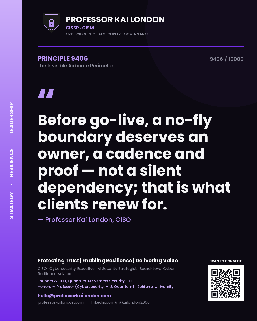 Professor Kai London principle 9406: Before go-live, a no-fly boundary deserves an owner, a cadence and proof — not a silent dependency; that is what clients renew for.