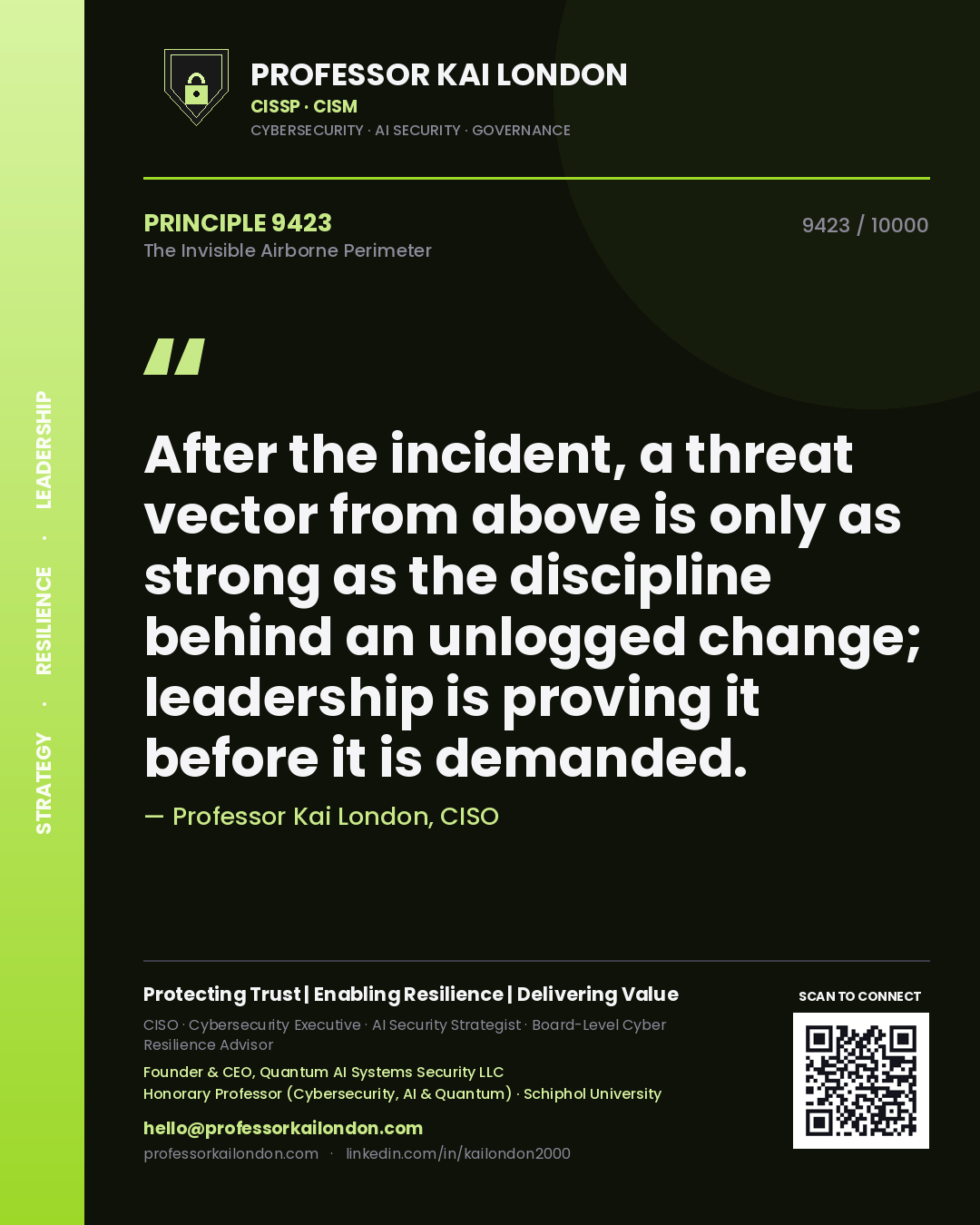 Professor Kai London principle 9423: After the incident, a threat vector from above is only as strong as the discipline behind an unlogged change; leadership is proving it before it is demanded.