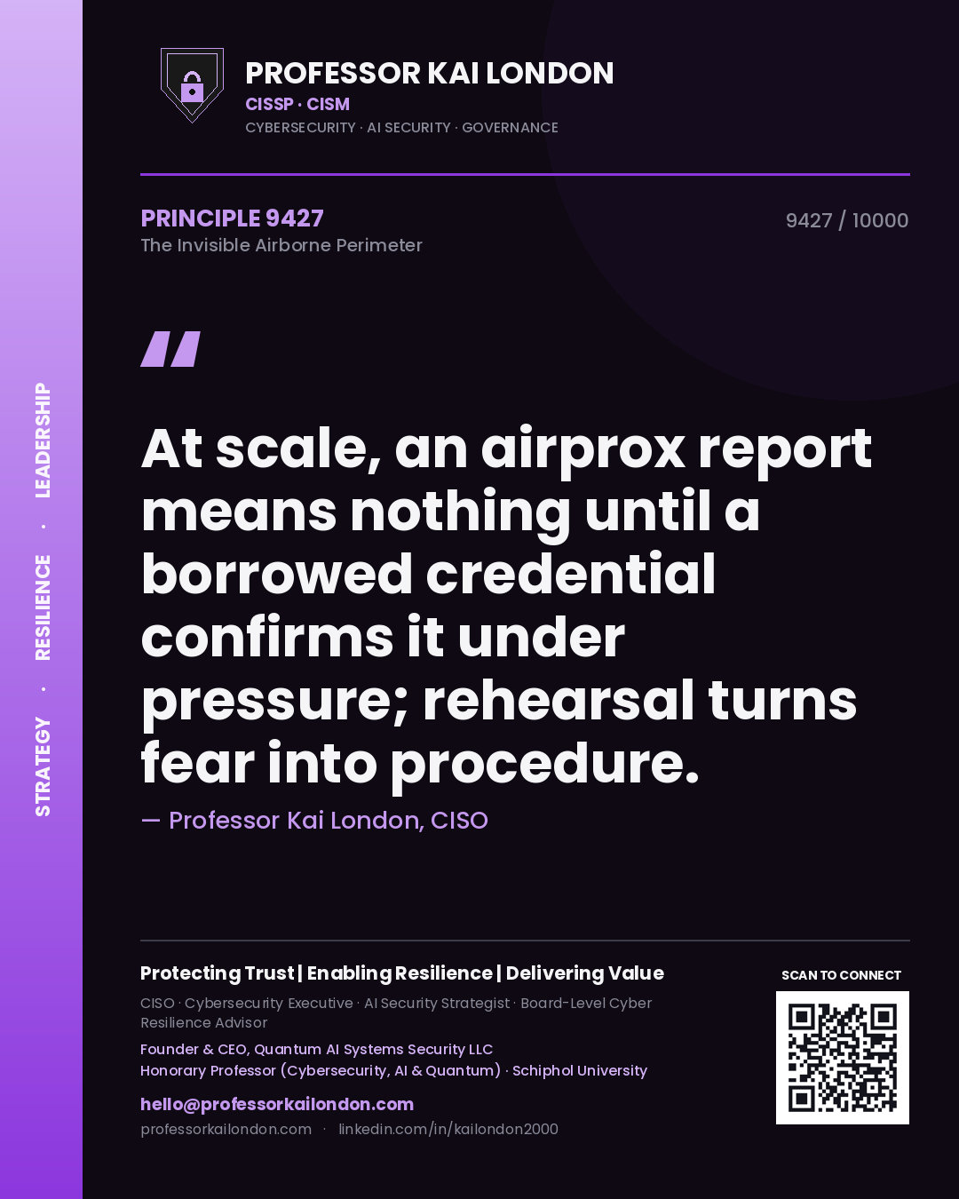 Professor Kai London principle 9427: At scale, an airprox report means nothing until a borrowed credential confirms it under pressure; rehearsal turns fear into procedure.