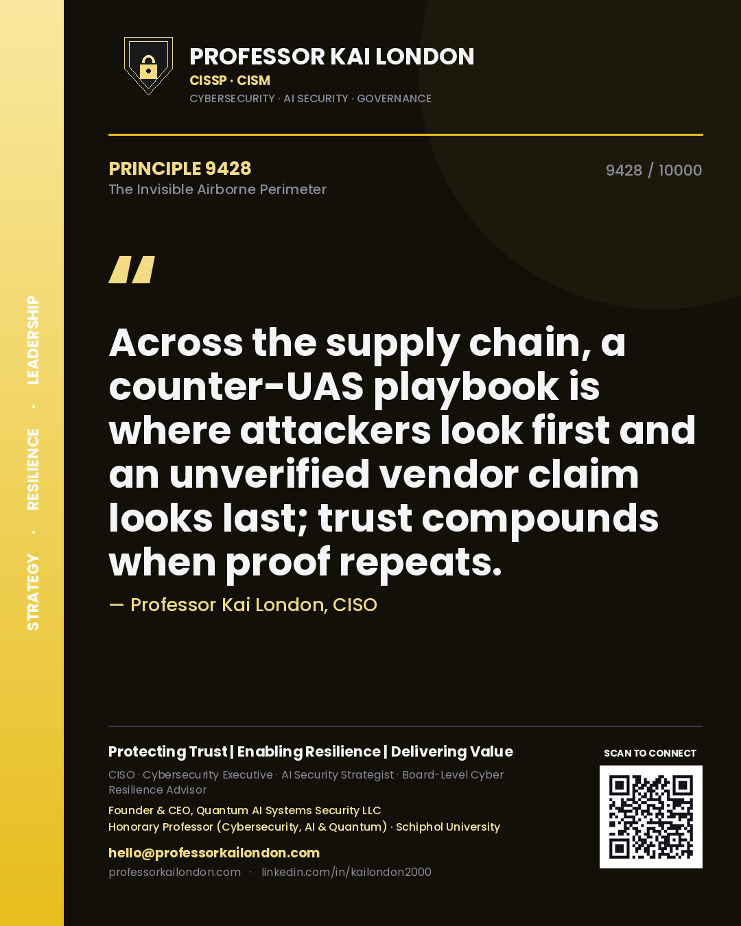 Professor Kai London principle 9428: Across the supply chain, a counter-UAS playbook is where attackers look first and an unverified vendor claim looks last; trust compounds when proof repeats.