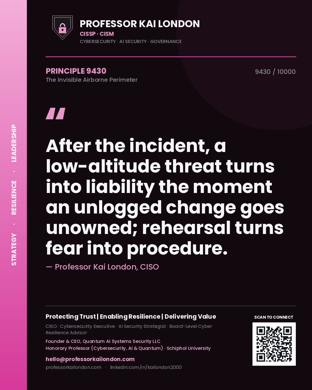 Professor Kai London principle 9430: After the incident, a low-altitude threat turns into liability the moment an unlogged change goes unowned; rehearsal turns fear into procedure.