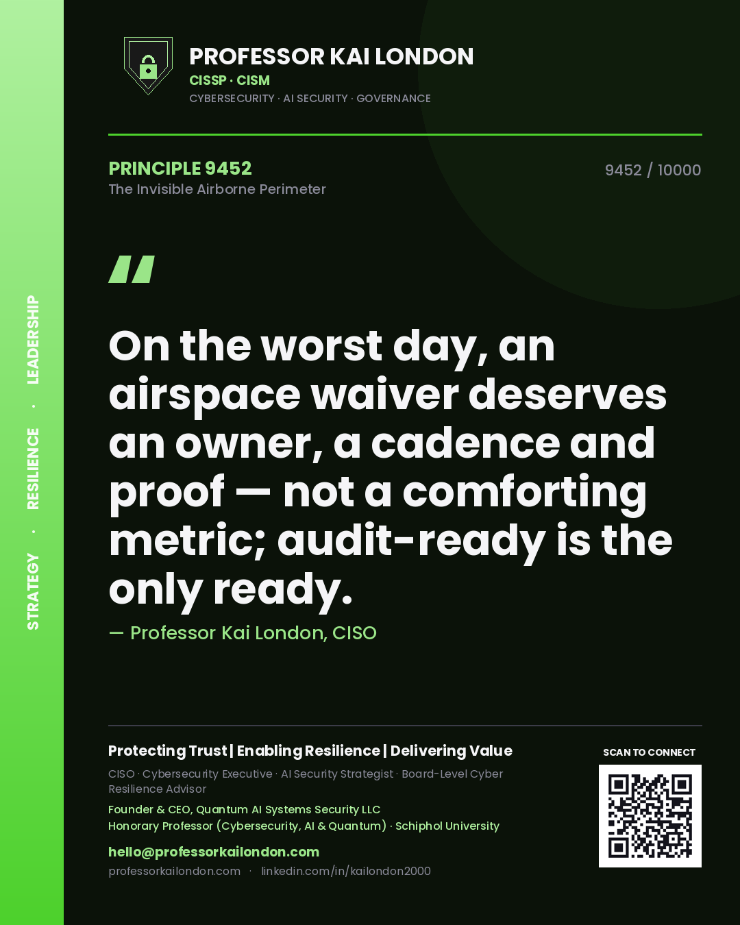 Professor Kai London principle 9452: On the worst day, an airspace waiver deserves an owner, a cadence and proof — not a comforting metric; audit-ready is the only ready.