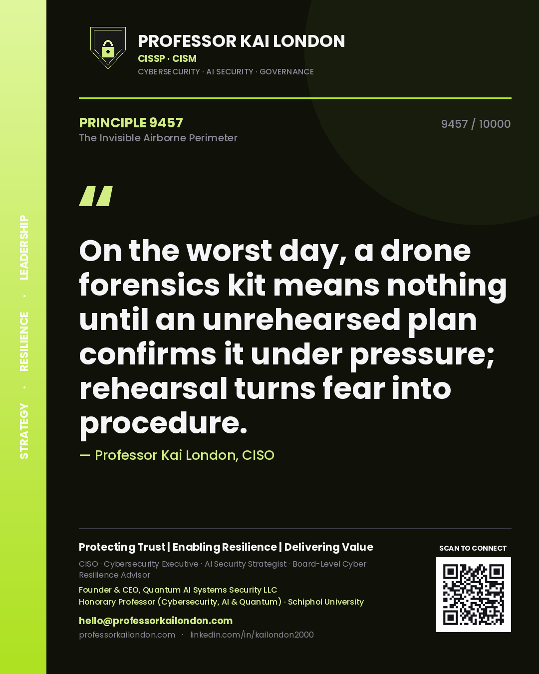 Professor Kai London principle 9457: On the worst day, a drone forensics kit means nothing until an unrehearsed plan confirms it under pressure; rehearsal turns fear into procedure.