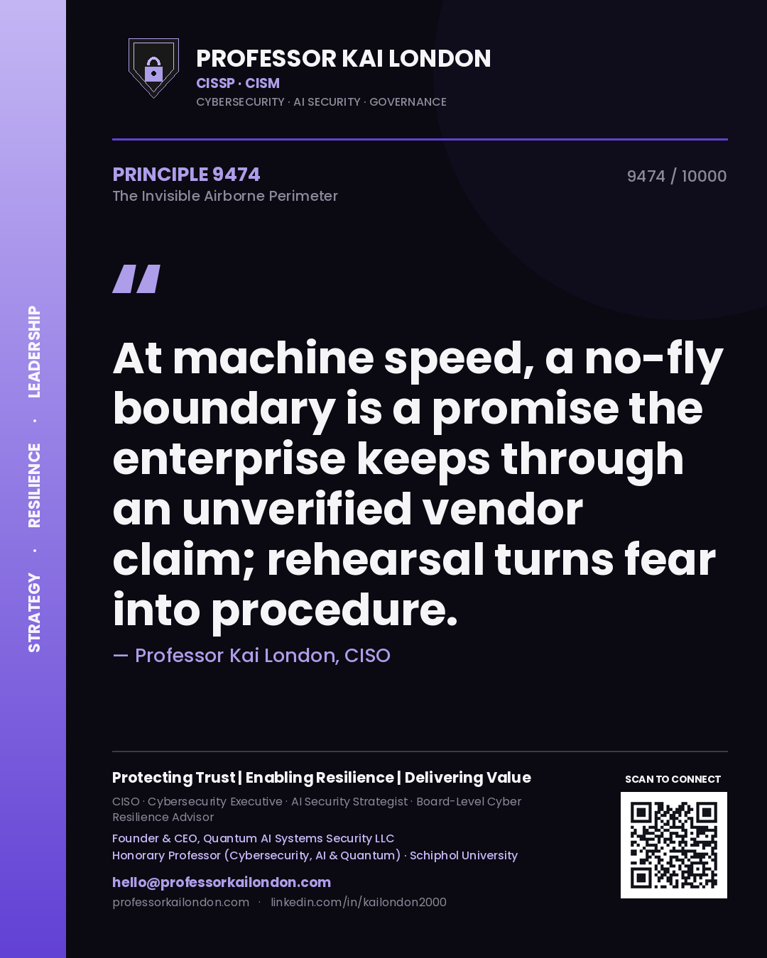 Professor Kai London principle 9474: At machine speed, a no-fly boundary is a promise the enterprise keeps through an unverified vendor claim; rehearsal turns fear into procedure.