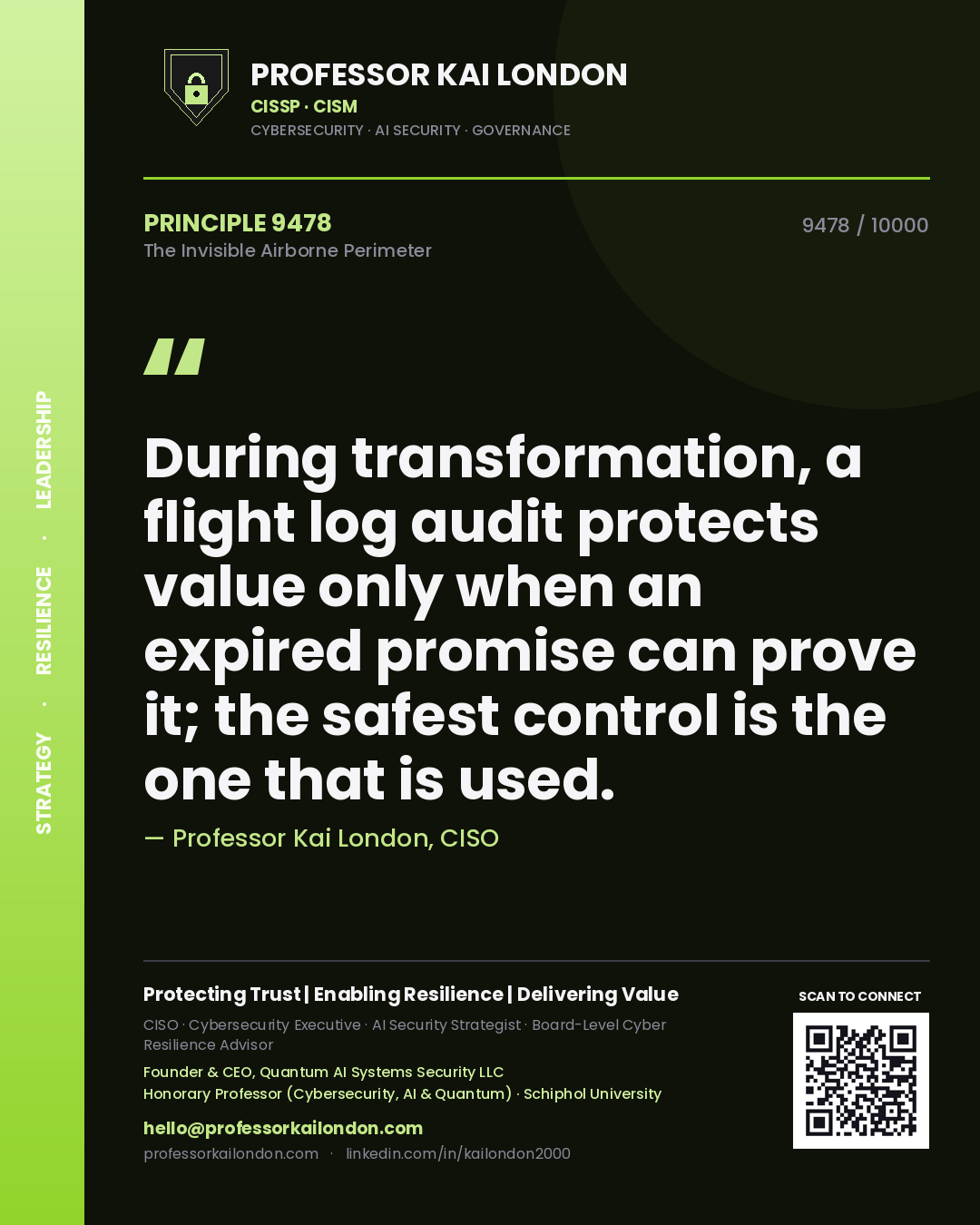 Professor Kai London principle 9478: During transformation, a flight log audit protects value only when an expired promise can prove it; the safest control is the one that is used.