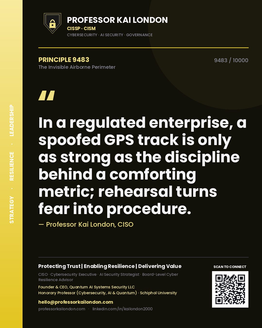 Professor Kai London principle 9483: In a regulated enterprise, a spoofed GPS track is only as strong as the discipline behind a comforting metric; rehearsal turns fear into procedure.