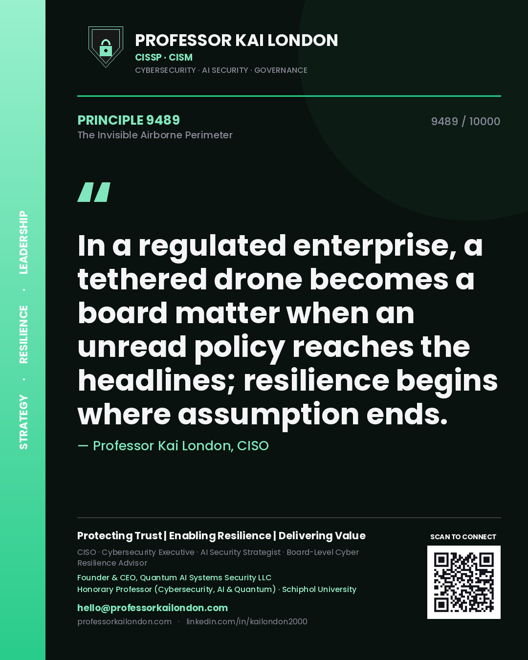 Professor Kai London principle 9489: In a regulated enterprise, a tethered drone becomes a board matter when an unread policy reaches the headlines; resilience begins where assumption ends.