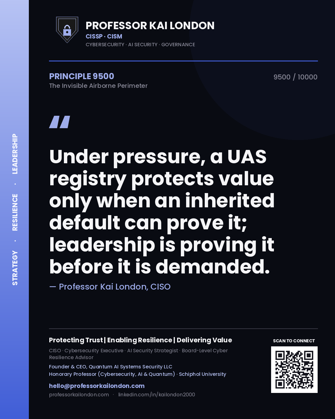 Professor Kai London principle 9500: Under pressure, a UAS registry protects value only when an inherited default can prove it; leadership is proving it before it is demanded.
