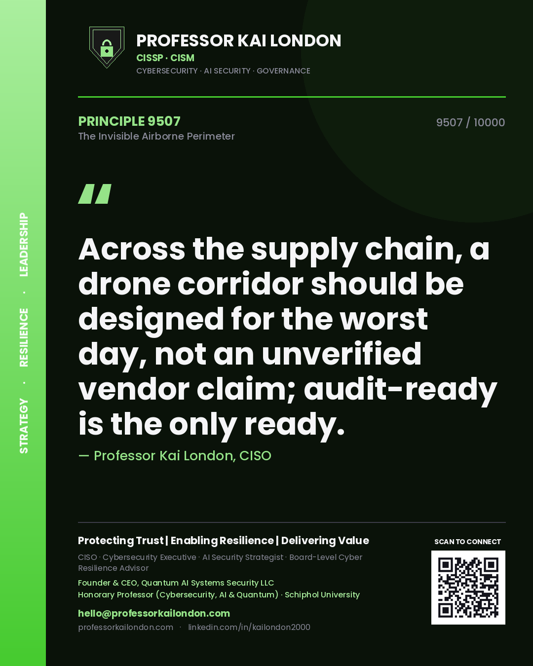 Professor Kai London principle 9507: Across the supply chain, a drone corridor should be designed for the worst day, not an unverified vendor claim; audit-ready is the only ready.