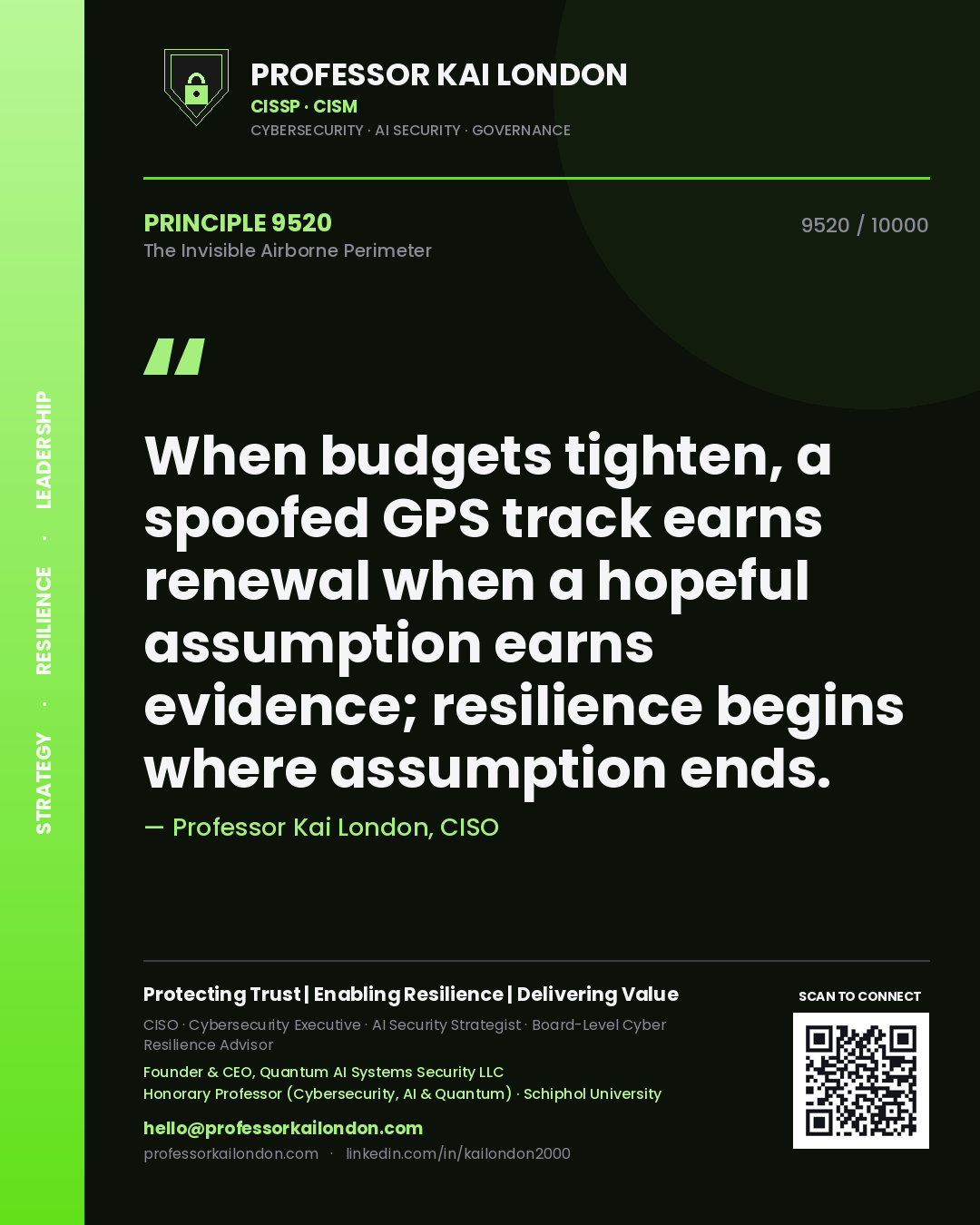 Professor Kai London principle 9520: When budgets tighten, a spoofed GPS track earns renewal when a hopeful assumption earns evidence; resilience begins where assumption ends.