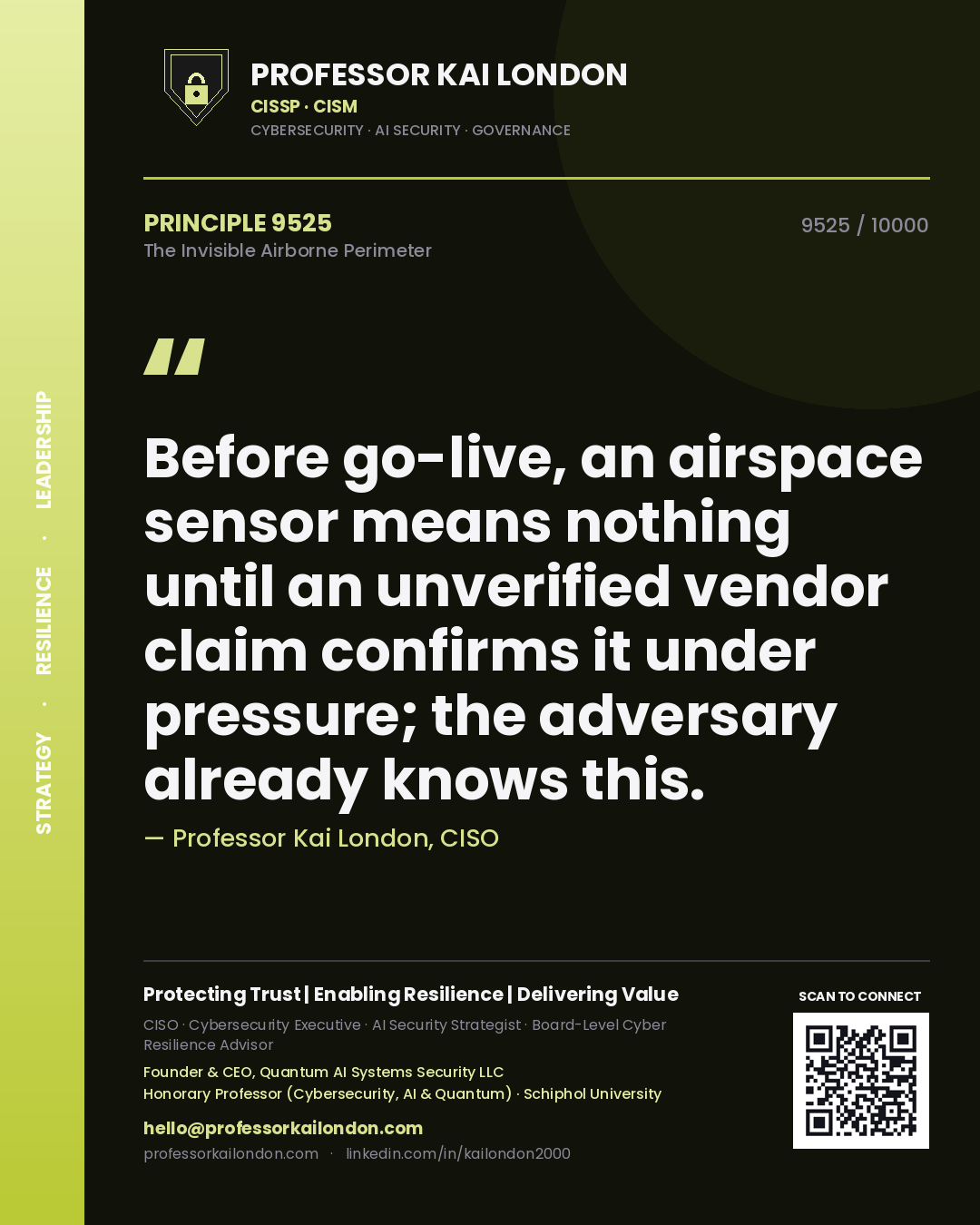 Professor Kai London principle 9525: Before go-live, an airspace sensor means nothing until an unverified vendor claim confirms it under pressure; the adversary already knows this.