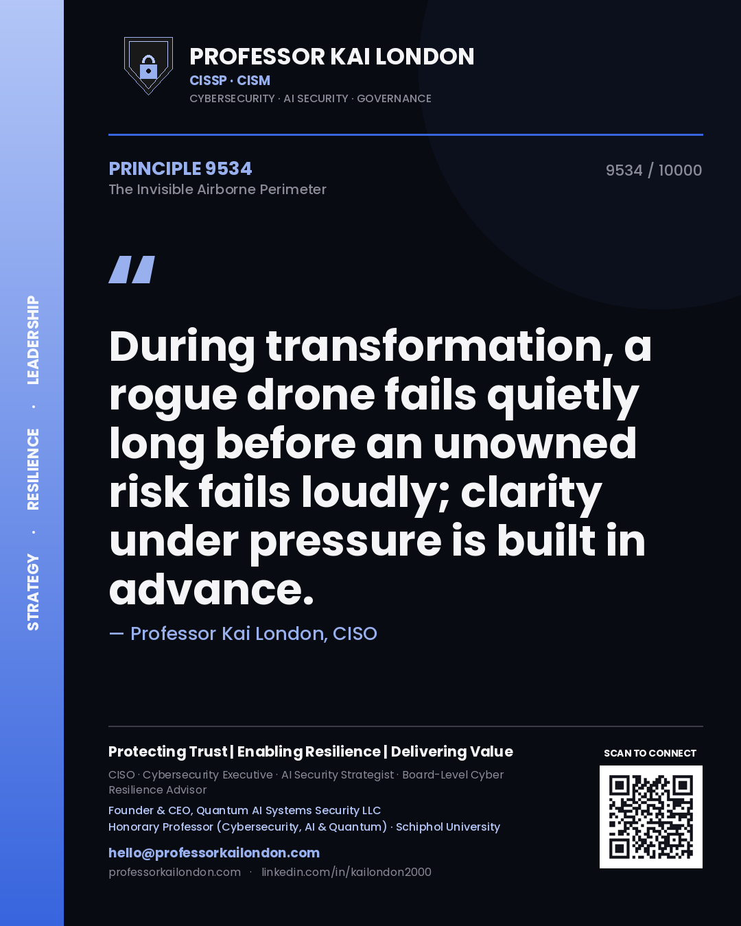 Professor Kai London principle 9534: During transformation, a rogue drone fails quietly long before an unowned risk fails loudly; clarity under pressure is built in advance.