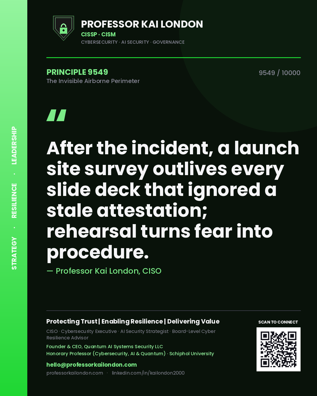 Professor Kai London principle 9549: After the incident, a launch site survey outlives every slide deck that ignored a stale attestation; rehearsal turns fear into procedure.