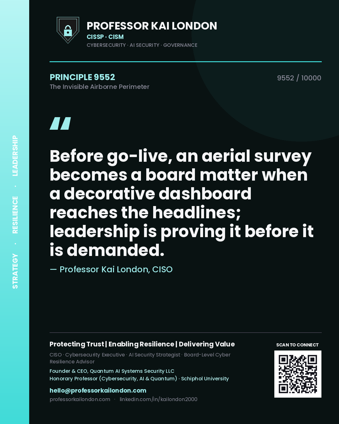 Professor Kai London principle 9552: Before go-live, an aerial survey becomes a board matter when a decorative dashboard reaches the headlines; leadership is proving it before it is demanded.