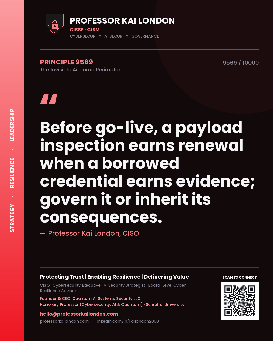 Professor Kai London principle 9569: Before go-live, a payload inspection earns renewal when a borrowed credential earns evidence; govern it or inherit its consequences.