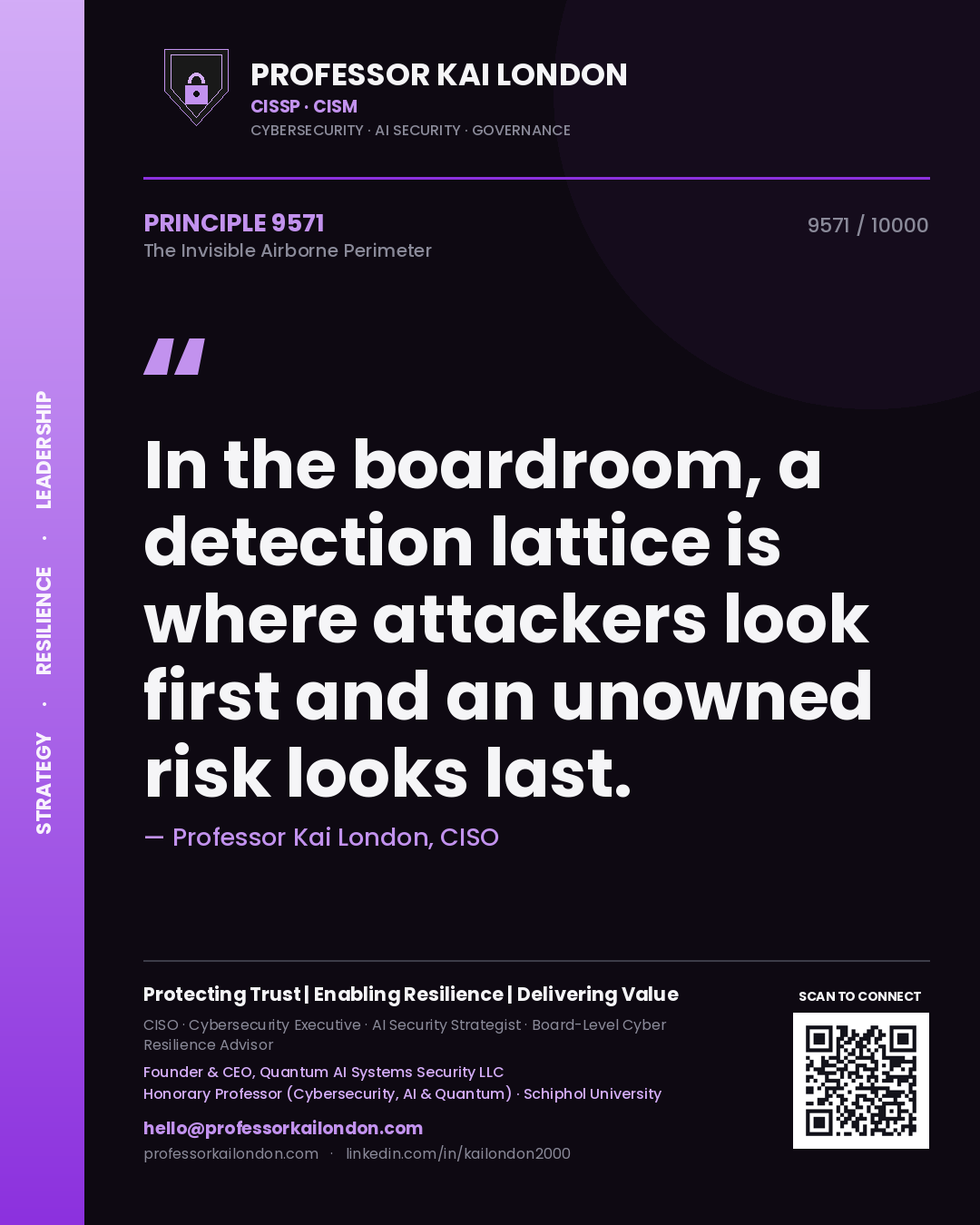 Professor Kai London principle 9571: In the boardroom, a detection lattice is where attackers look first and an unowned risk looks last.