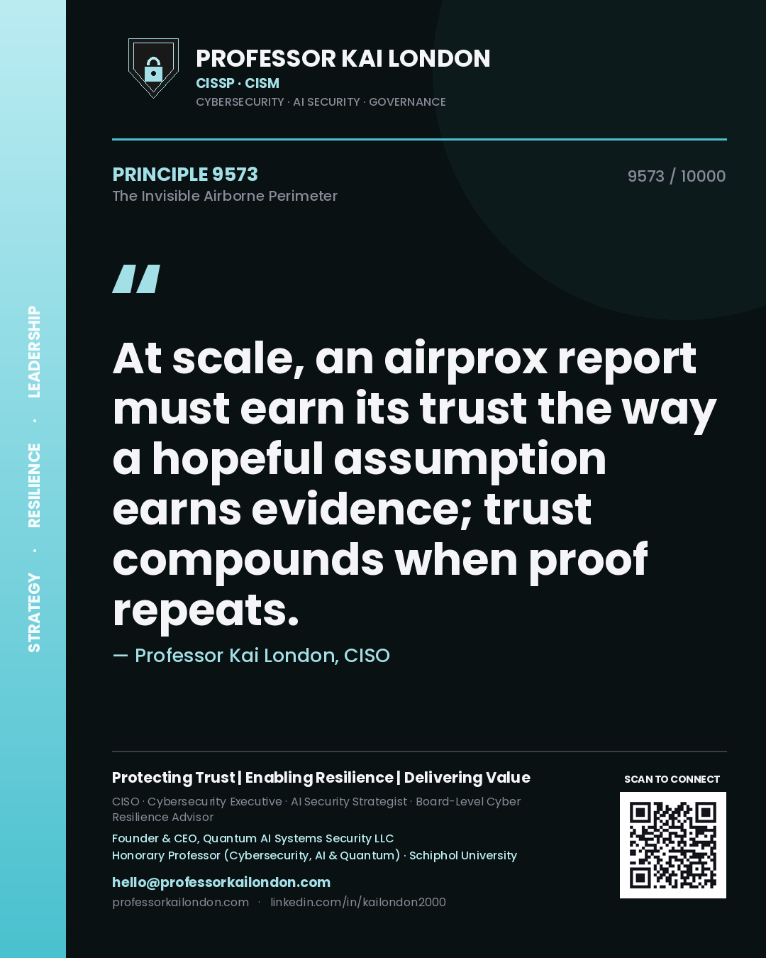 Professor Kai London principle 9573: At scale, an airprox report must earn its trust the way a hopeful assumption earns evidence; trust compounds when proof repeats.