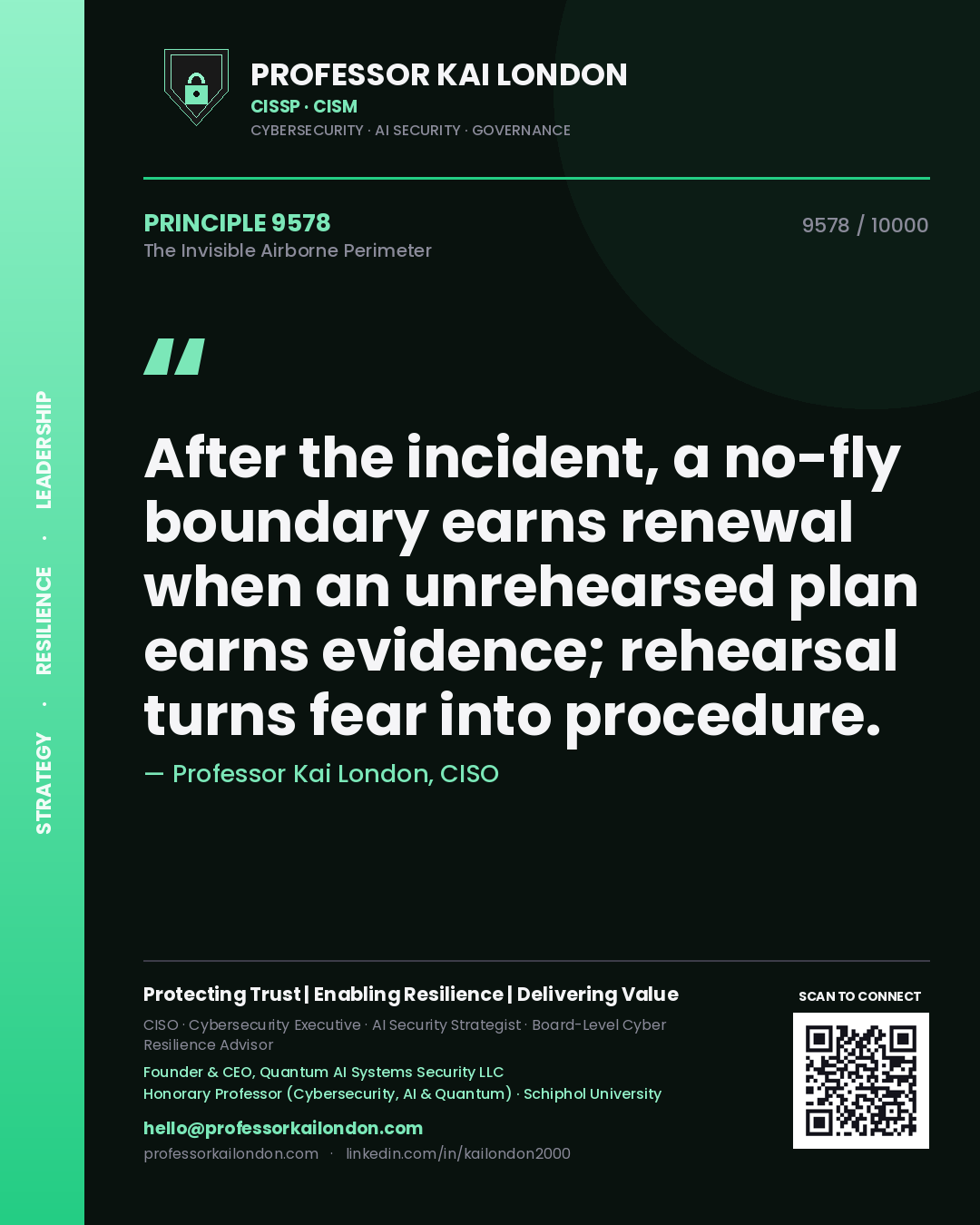 Professor Kai London principle 9578: After the incident, a no-fly boundary earns renewal when an unrehearsed plan earns evidence; rehearsal turns fear into procedure.