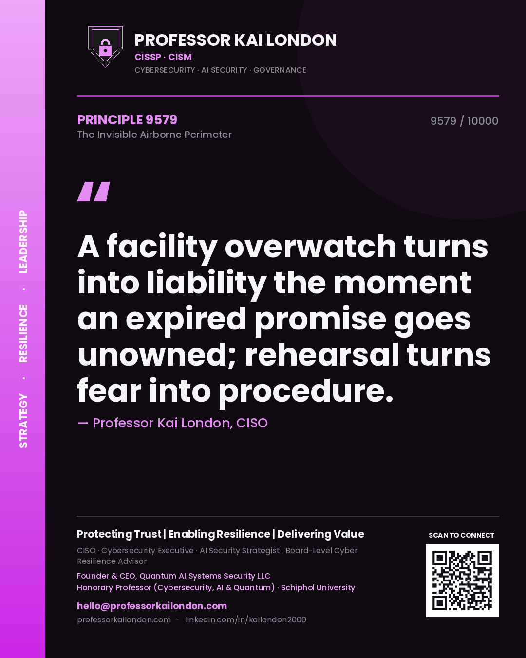 Professor Kai London principle 9579: A facility overwatch turns into liability the moment an expired promise goes unowned; rehearsal turns fear into procedure.