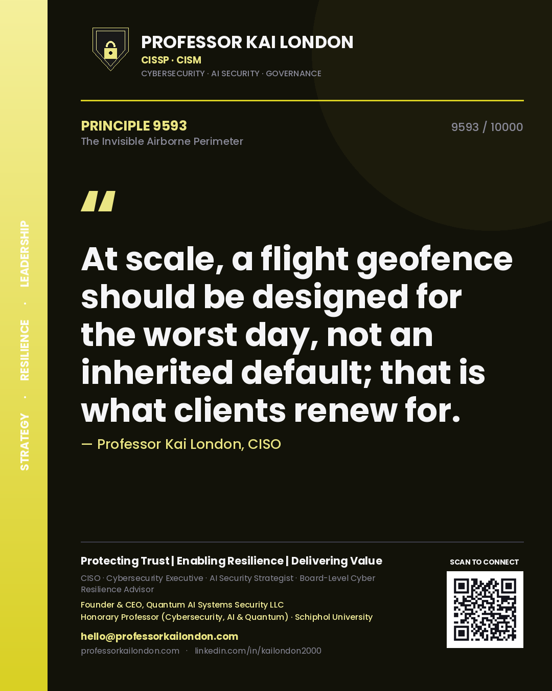 Professor Kai London principle 9593: At scale, a flight geofence should be designed for the worst day, not an inherited default; that is what clients renew for.