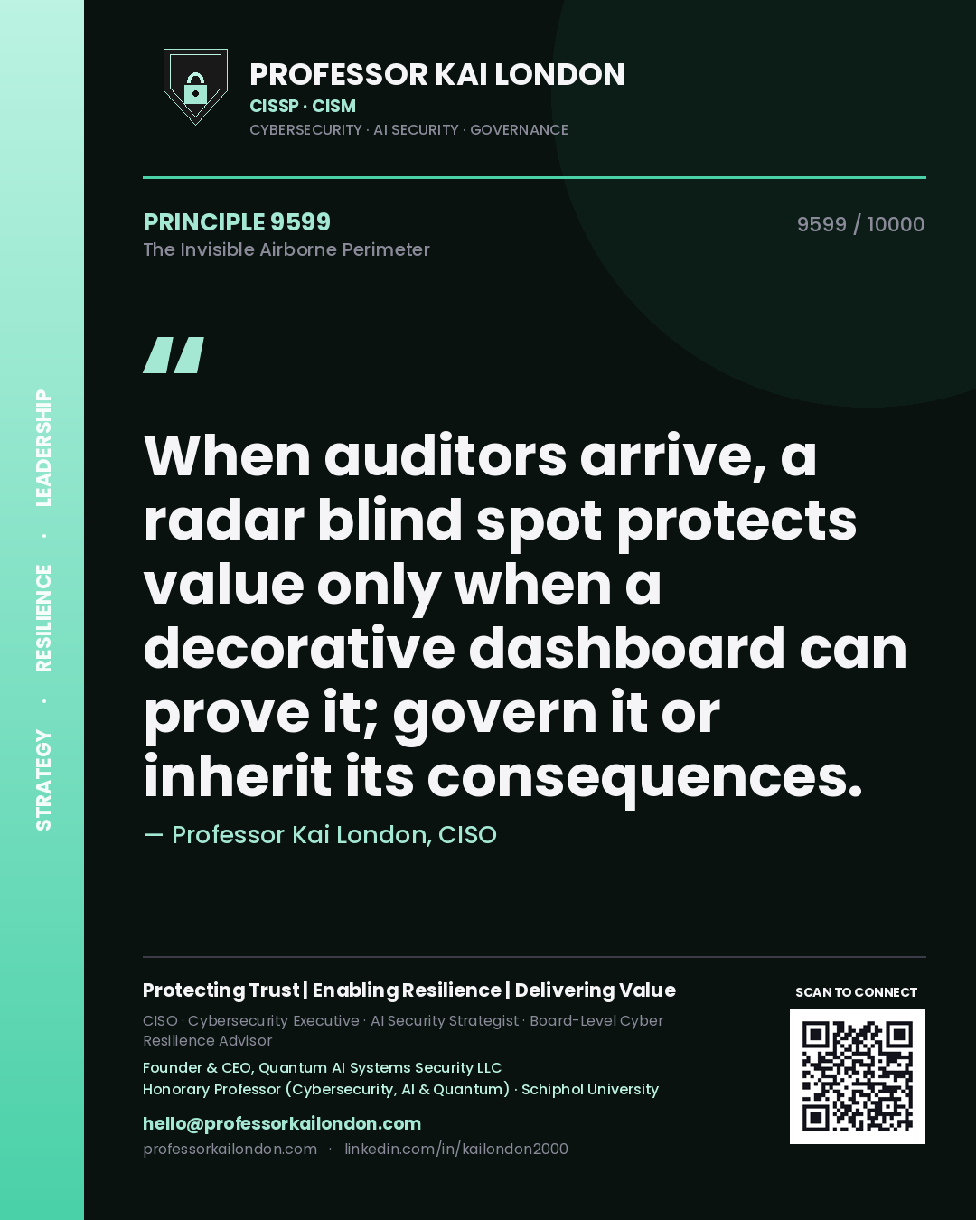 Professor Kai London principle 9599: When auditors arrive, a radar blind spot protects value only when a decorative dashboard can prove it; govern it or inherit its consequences.