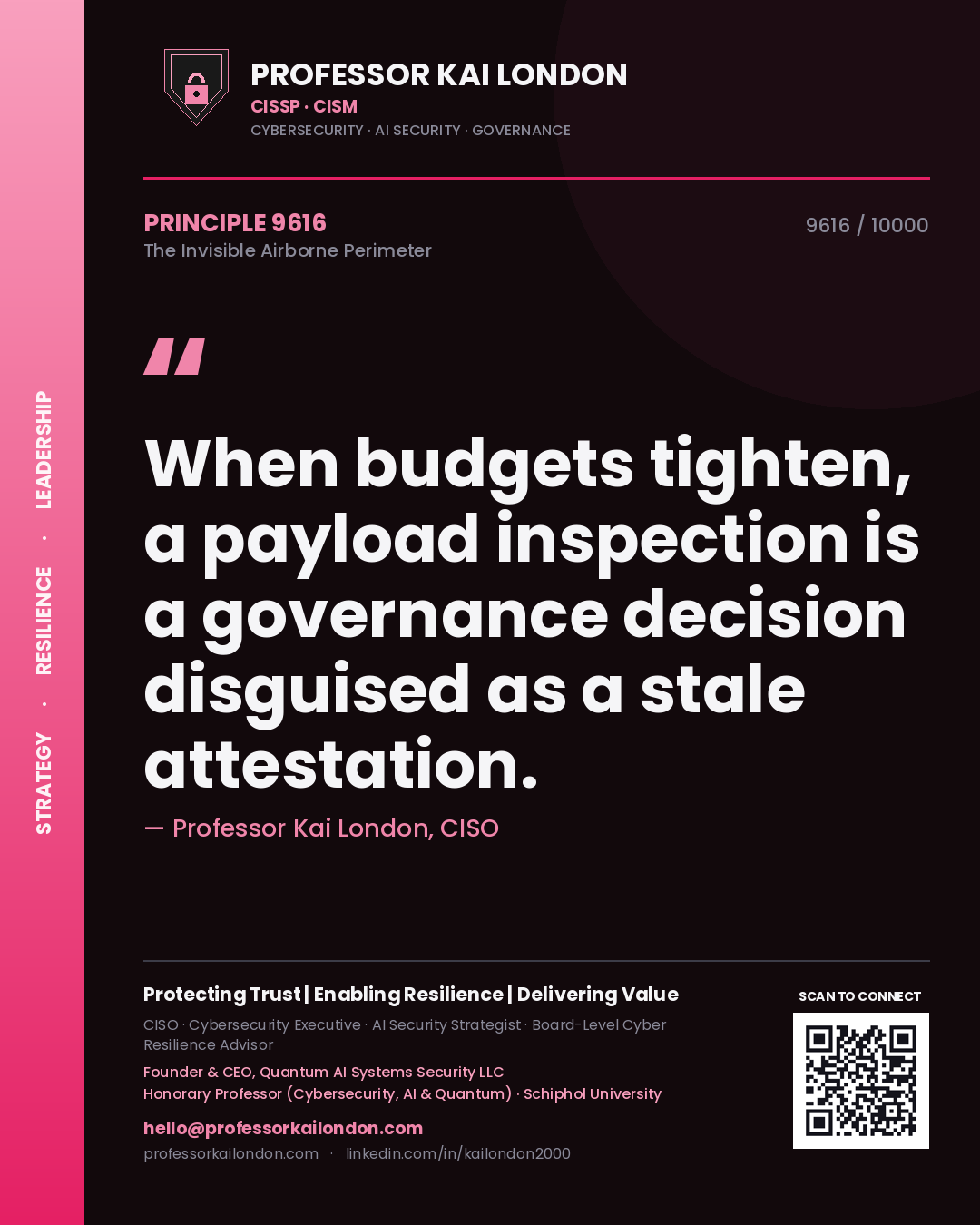 Professor Kai London principle 9616: When budgets tighten, a payload inspection is a governance decision disguised as a stale attestation.
