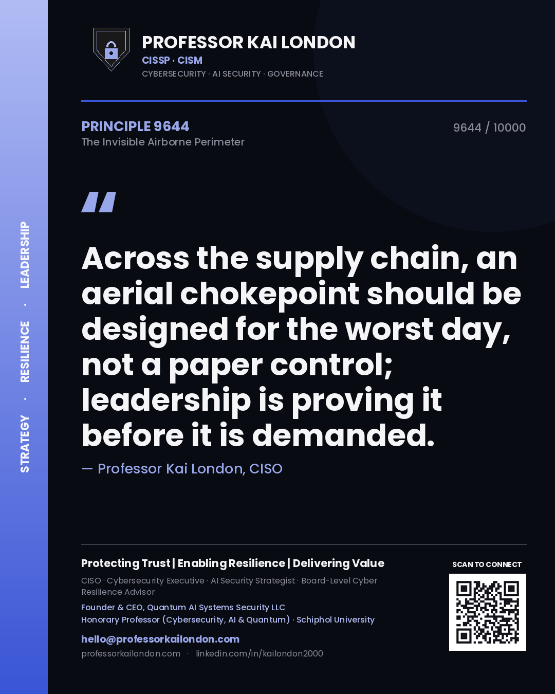 Professor Kai London principle 9644: Across the supply chain, an aerial chokepoint should be designed for the worst day, not a paper control; leadership is proving it before it is demanded.
