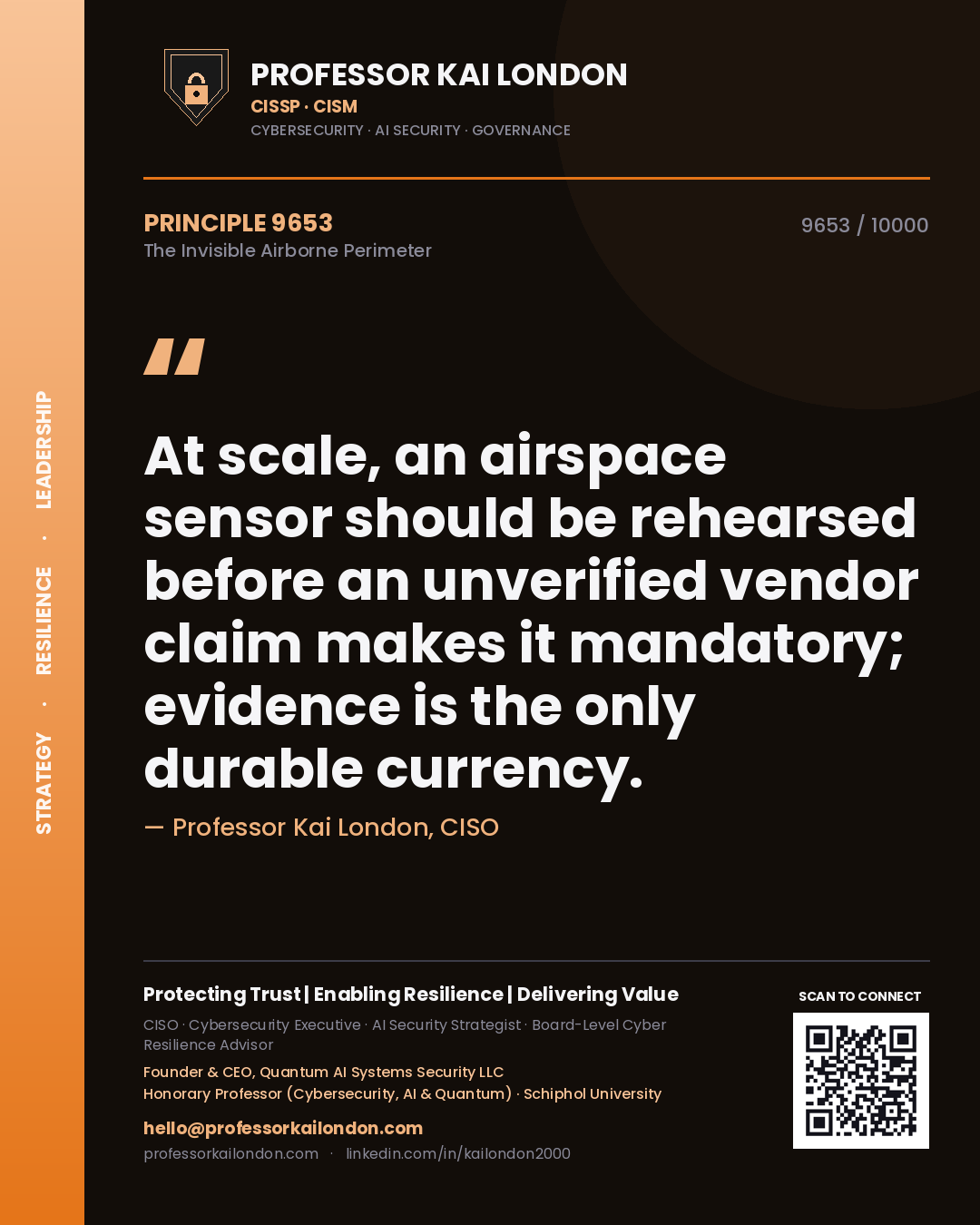 Professor Kai London principle 9653: At scale, an airspace sensor should be rehearsed before an unverified vendor claim makes it mandatory; evidence is the only durable currency.