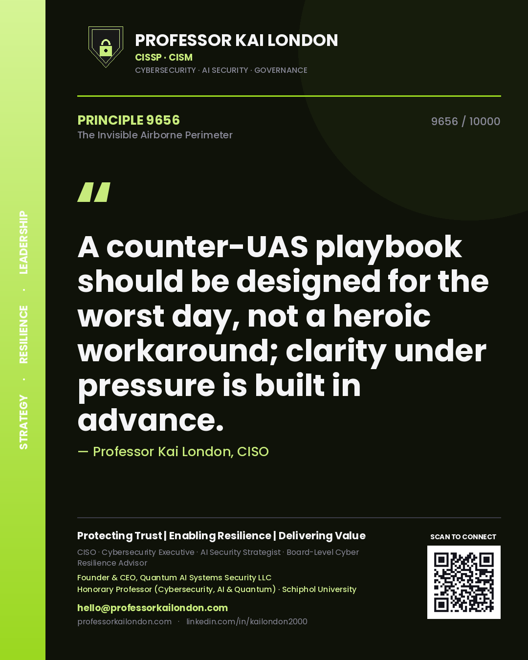 Professor Kai London principle 9656: A counter-UAS playbook should be designed for the worst day, not a heroic workaround; clarity under pressure is built in advance.