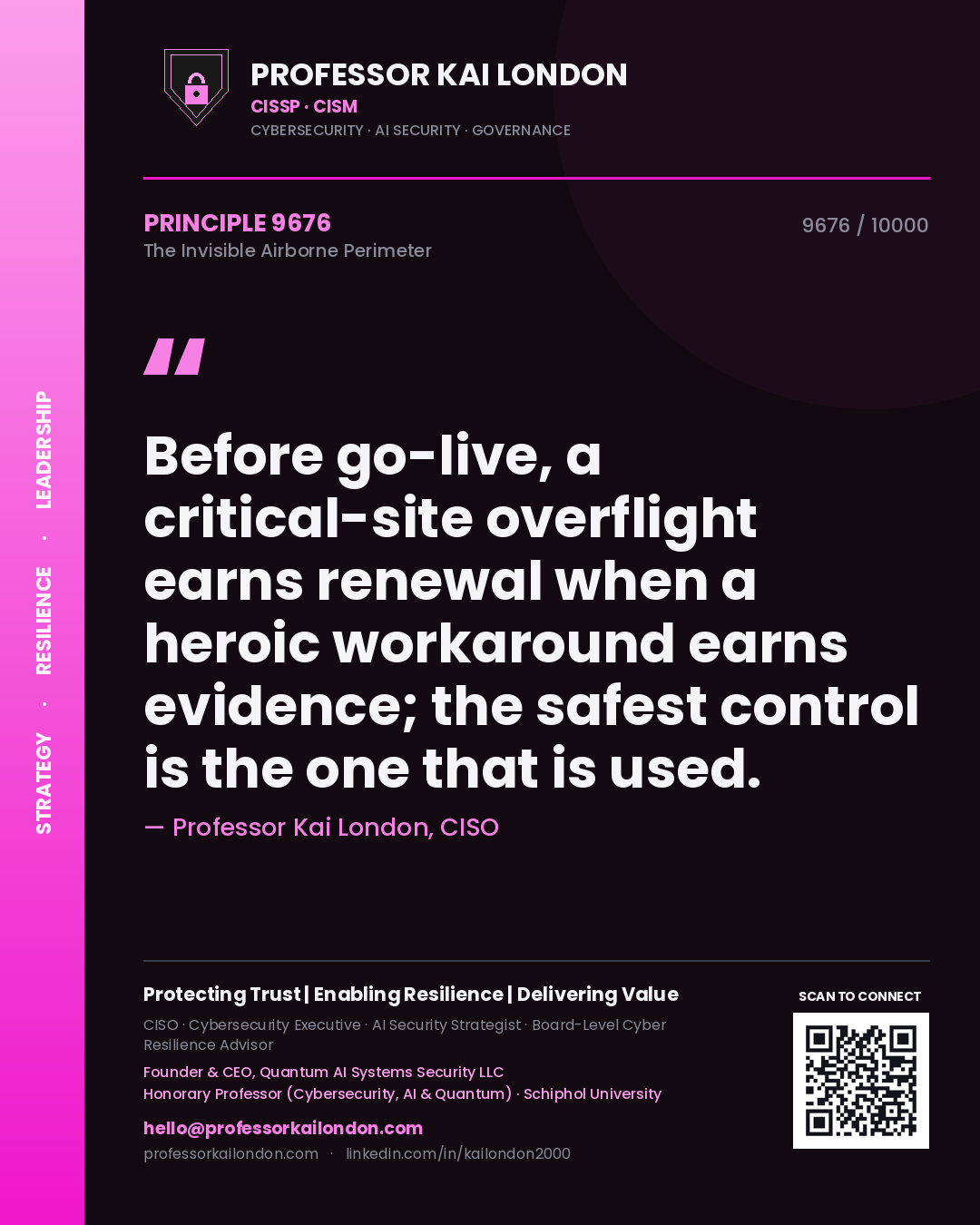 Professor Kai London principle 9676: Before go-live, a critical-site overflight earns renewal when a heroic workaround earns evidence; the safest control is the one that is used.