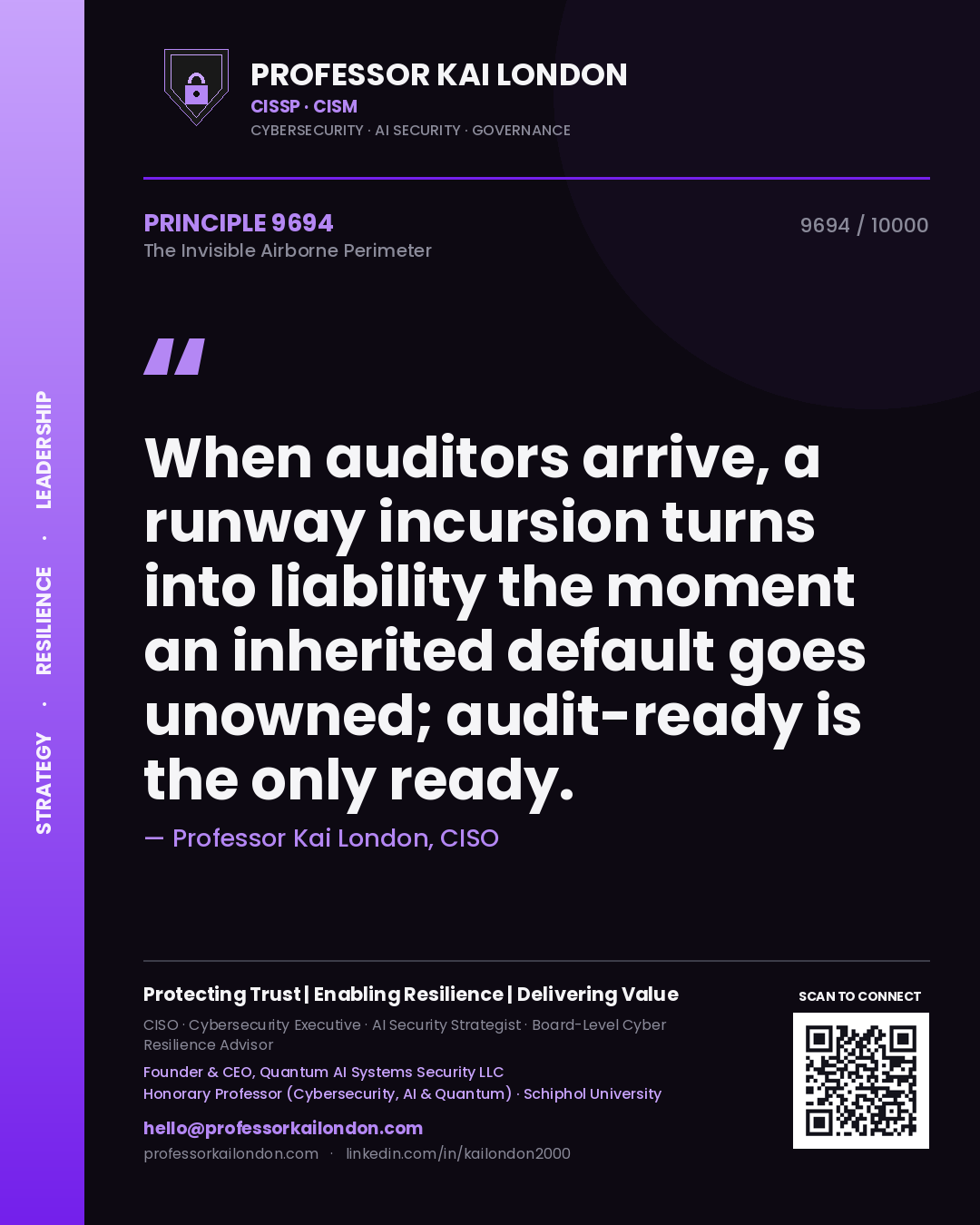 Professor Kai London principle 9694: When auditors arrive, a runway incursion turns into liability the moment an inherited default goes unowned; audit-ready is the only ready.
